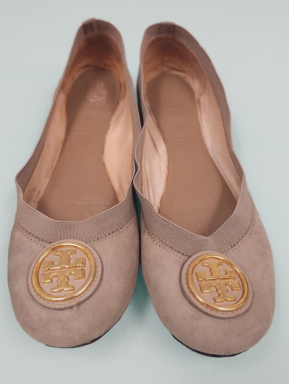 Tory Burch Reva Suede Ballet Flats in Taupe with Gold Logo